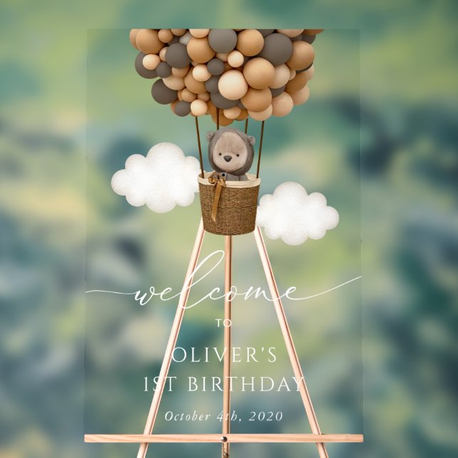 Cute Bear, Brown Balloons, First Birthday Welcome Acrylic Sign (Neutral)