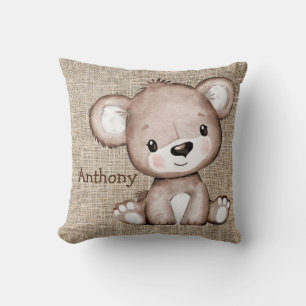 Cute Bear Burlap Rustic Name Watercolor  Cushion