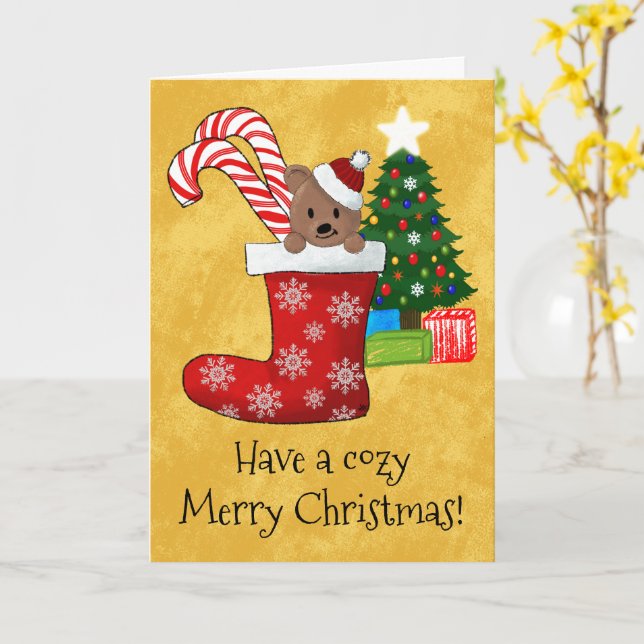 Cute Bear Candy Cane Christmas Stocking Card (Yellow Flower)
