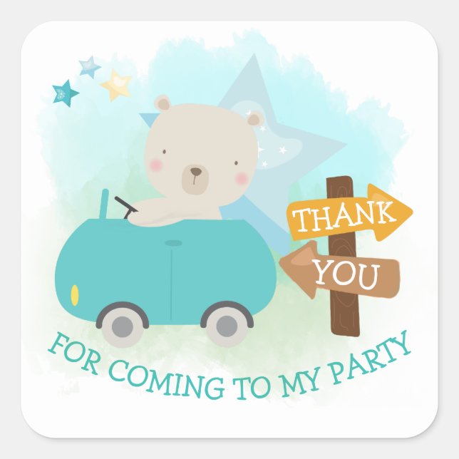 Cute Bear Car Thank You Toddler Birthday Square Sticker (Front)