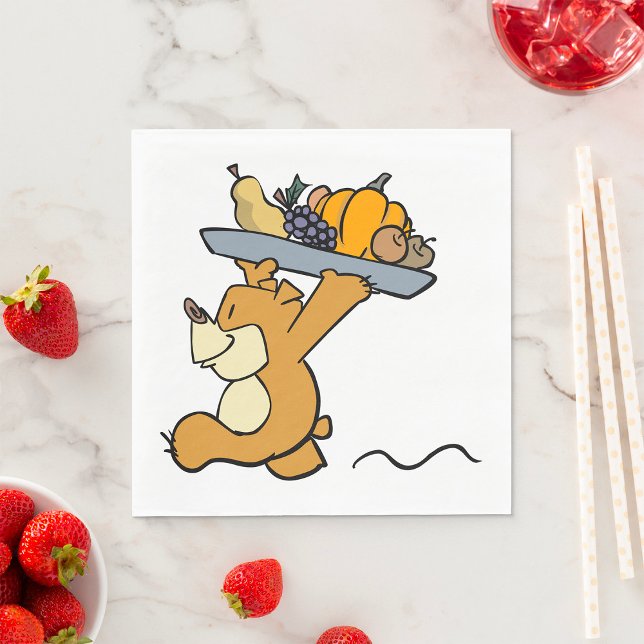 Cute Bear Carrying a Festive Harvest Platter  Napkin (Creator Uploaded)