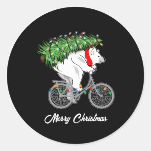 Cute Bear Carrying Christmas Tree Gift For Cyclist Classic Round Sticker