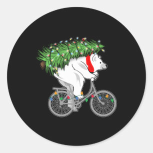 Cute Bear Carrying Christmas Tree Gift For Cyclist Classic Round Sticker