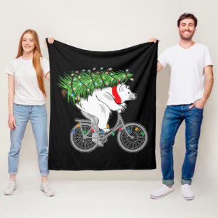 Cute Bear Carrying Christmas Tree Gift For Cyclist Fleece Blanket