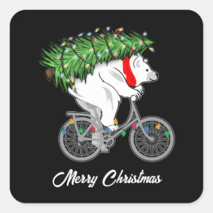 Cute Bear Carrying Christmas Tree Gift For Cyclist Square Sticker