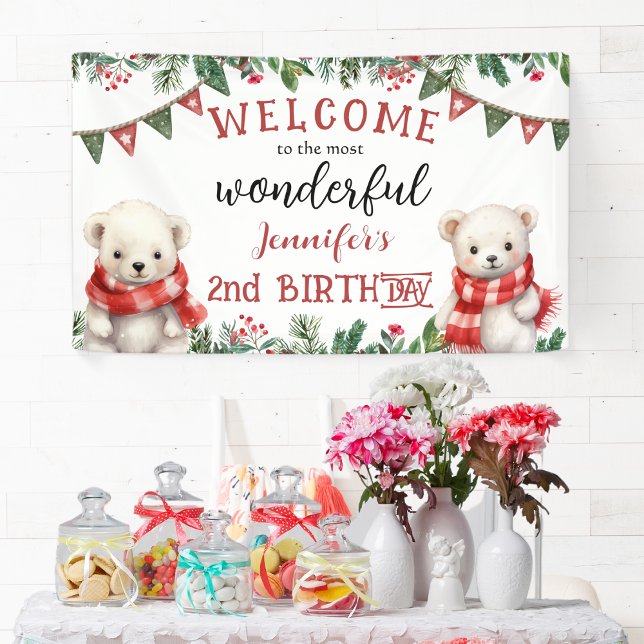 Cute Bear Christmas 2nd Birthday Party Banner (Creator Uploaded)
