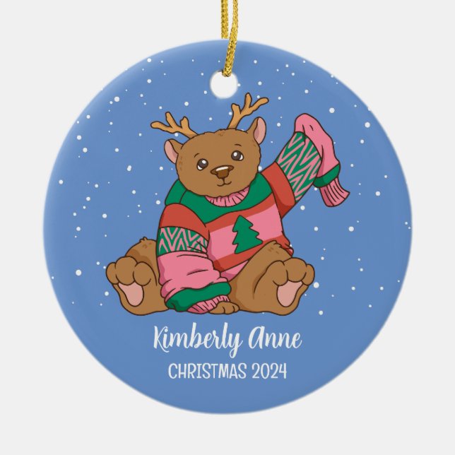 Cute Bear Christmas Animal Snow Winter Holiday Ceramic Ornament (Front)