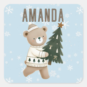 Cute Bear Christmas Tree Snowflakes Kids Name  Square Sticker