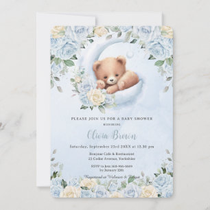 Cute Bear Crescent Moon Blue Floral Baby Shower Invitation