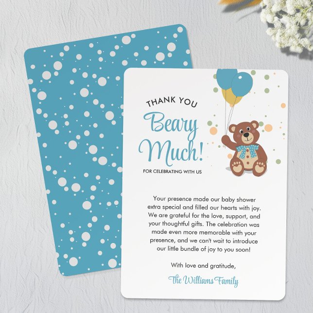 Cute Bear Cub and Blue Balloons Boy Baby Shower Thank You Card (Creator Uploaded)