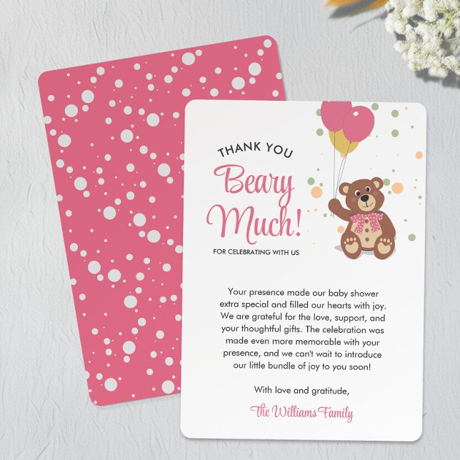 Cute Bear Cub and Pink Balloons Girl Baby Shower Thank You Card (Creator Uploaded)