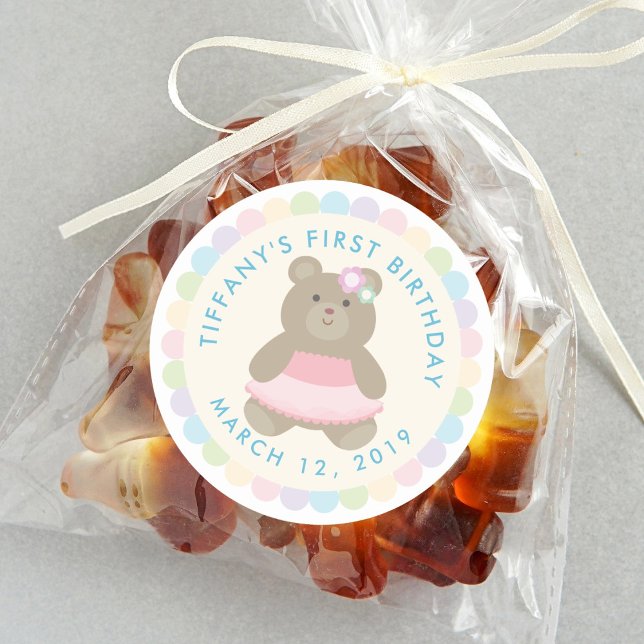 Cute Bear Cub Ballerina Baby First Birthday Party Classic Round Sticker (Creator Uploaded)