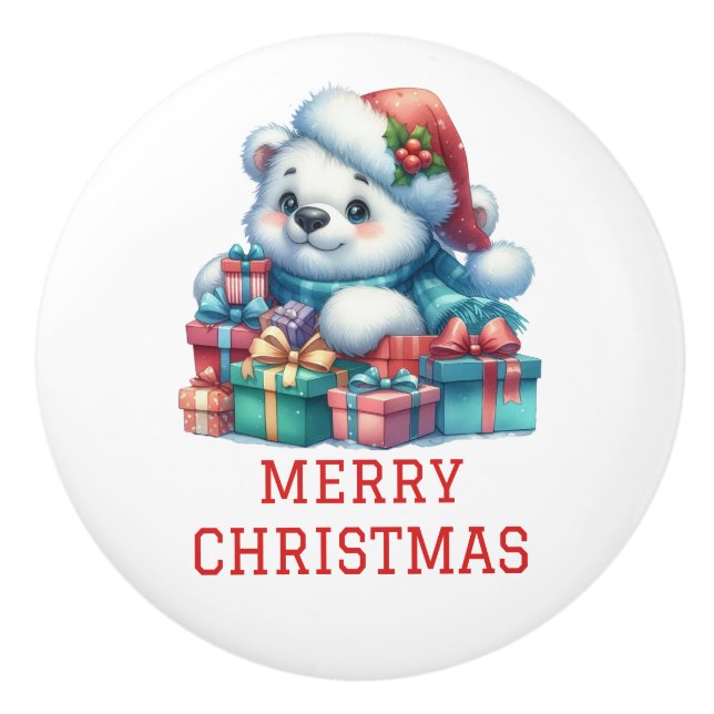 Cute Bear Cub Christmas Ceramic Knob (Front)