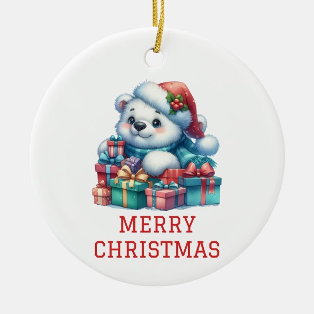Cute Bear Cub Christmas Ceramic Ornament (Front)