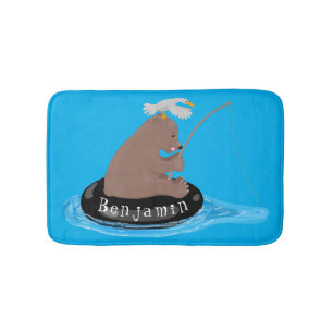 Cute bear cub fishing cartoon illustration bath mat