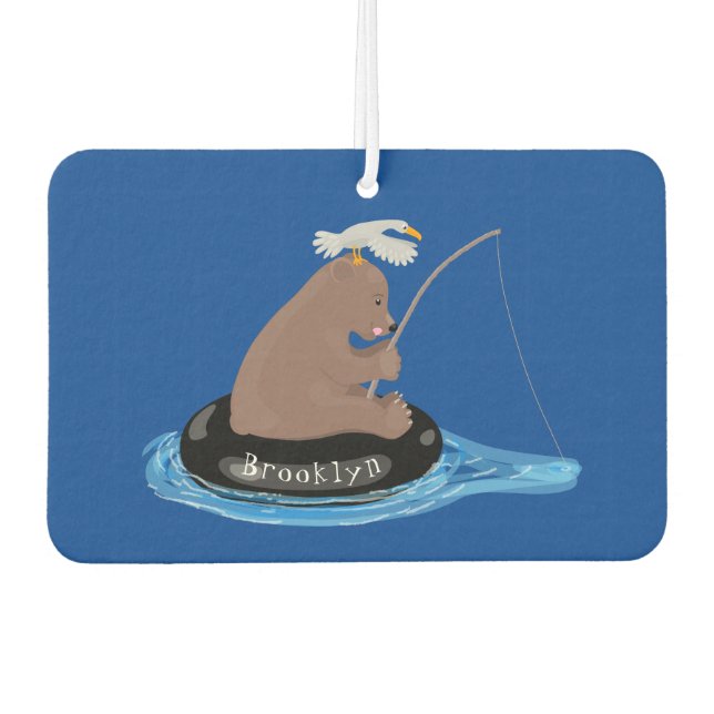 Cute bear cub fishing cartoon illustration  car air freshener (Front)