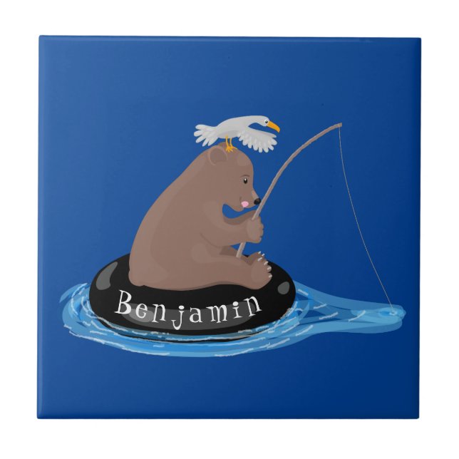 Cute bear cub fishing cartoon illustration ceramic tile (Front)