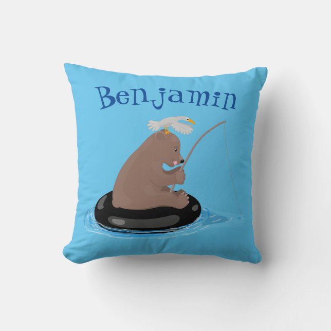 Cute bear cub fishing cartoon illustration cushion (Front)