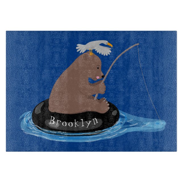 Cute bear cub fishing cartoon illustration cutting board (Front)