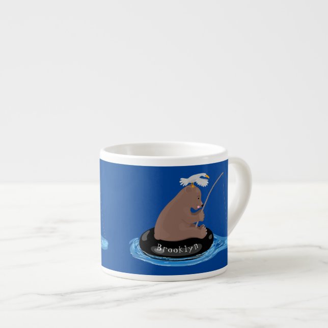 Cute bear cub fishing cartoon illustration espresso cup (Front Right)