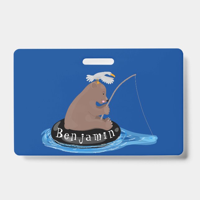 Cute bear cub fishing cartoon illustration ID badge (Front)