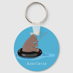 Cute bear cub fishing cartoon illustration key ring