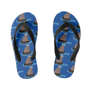 Cute bear cub fishing cartoon illustration kid's thongs