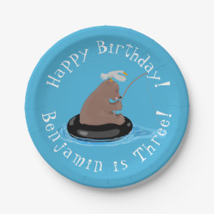 Cute bear cub fishing cartoon illustration paper plate