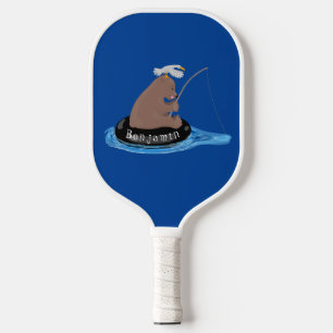 Cute bear cub fishing cartoon illustration  pickleball paddle