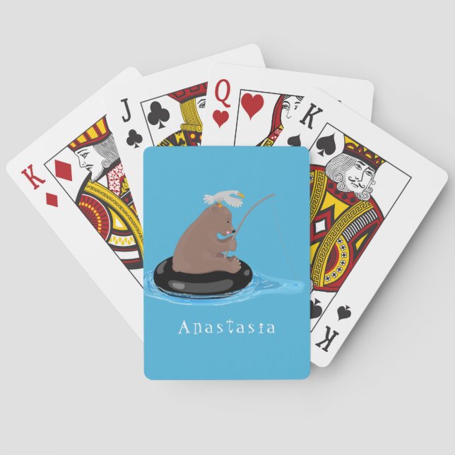 Cute bear cub fishing cartoon illustration playing cards (Back)
