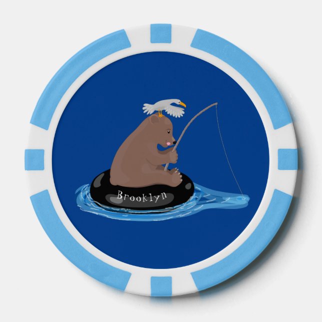Cute bear cub fishing cartoon illustration poker chips (Front)
