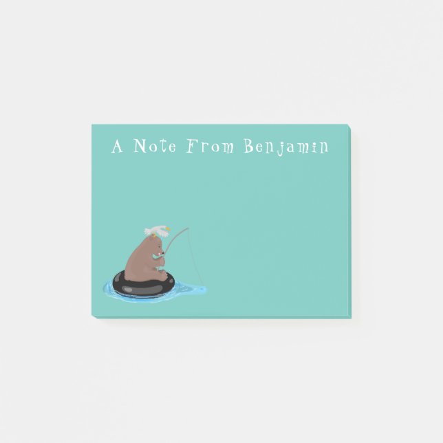 Cute bear cub fishing cartoon illustration post-it notes (Front)