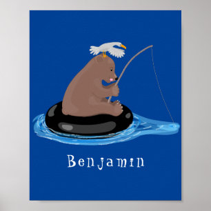 Cute bear cub fishing cartoon illustration poster
