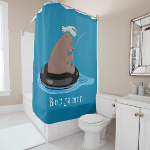 Cute bear cub fishing cartoon illustration shower curtain
