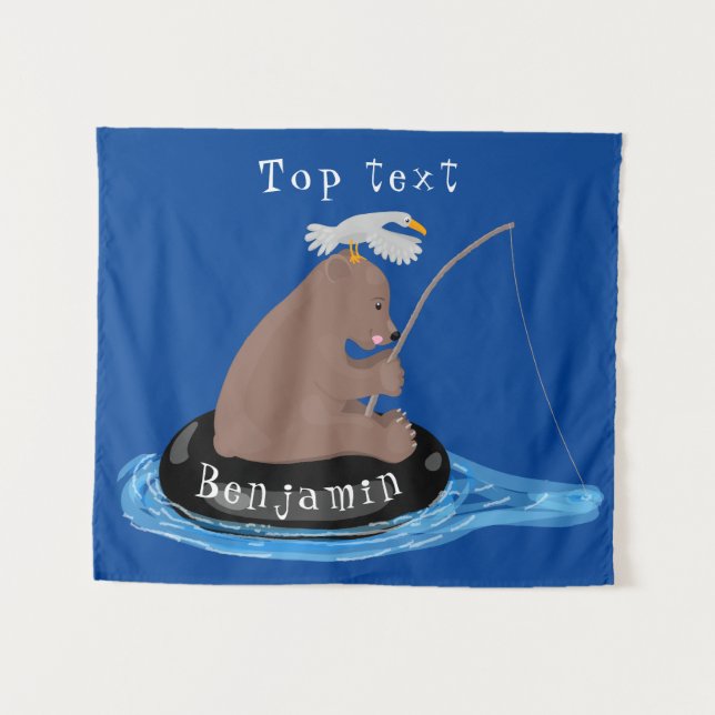 Cute bear cub fishing cartoon illustration tapestry (Front (Horizontal))