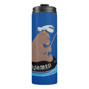 Cute bear cub fishing cartoon illustration thermal tumbler