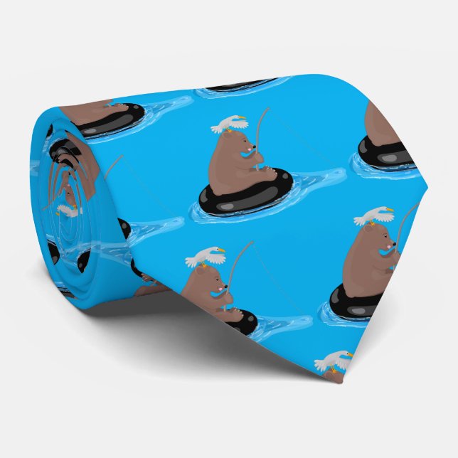 Cute bear cub fishing cartoon illustration tie (Rolled)
