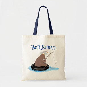 Cute bear cub fishing cartoon illustration tote bag
