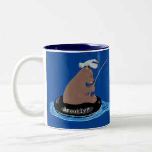 Cute bear cub fishing cartoon illustration Two-Tone coffee mug