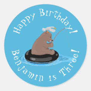 Cute bear cub fishing personalised birthday classic round sticker