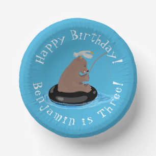 Cute bear cub fishing personalised birthday paper plate