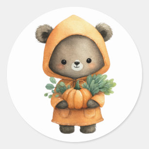 Cute Bear Cub Holding A Pumpkin Watercolor Animal Classic Round Sticker