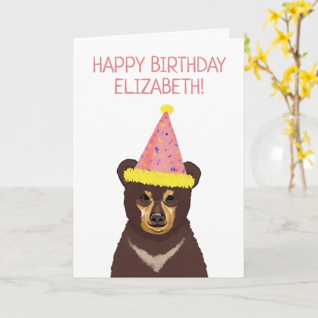 Cute Bear Cub Illustration Happy Birthday  Card (Yellow Flower)