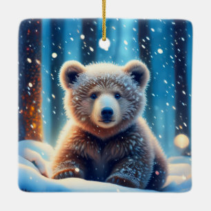 Cute Bear Cub In Snow Covered Forest Ceramic Ornament