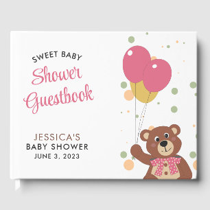Cute Bear Cub Pink Balloon Baby Girl Baby Shower Guest Book