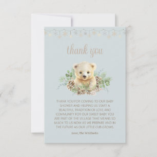Cute Bear Cub Winter Greenery Blue Boy Baby Shower Thank You Card