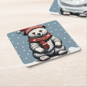 Cute Bear cub with Beanie and Scarf in Snow Fall Square Paper Coaster