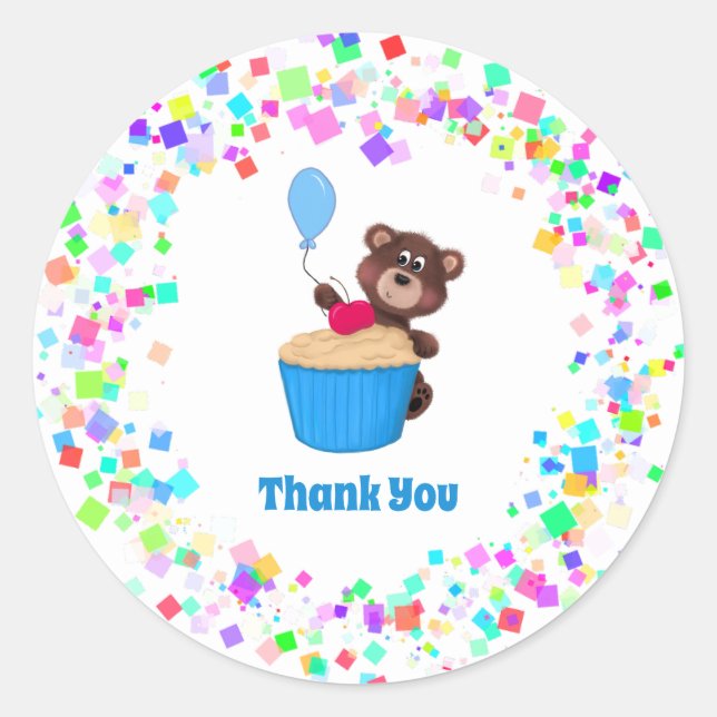 Cute Bear Cupcake Birthday Thank You Classic Round Sticker (Front)