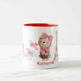 Cute Bear Cycle Eiffel Tower Personalised Name Two-Tone Coffee Mug