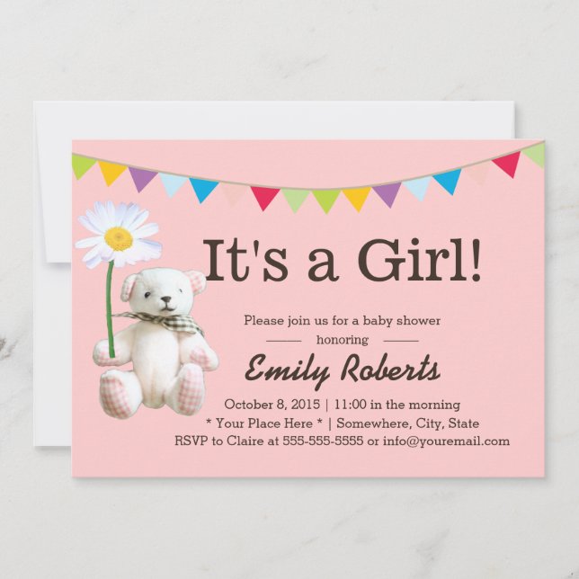 Cute Bear & Daisy Girl Baby Shower Invitations (Front)